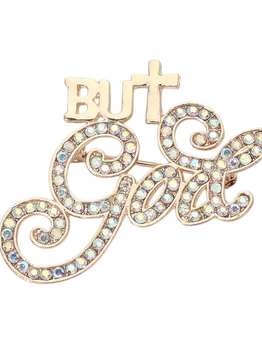 Gold-tone "But God" Crystal Script Brooch